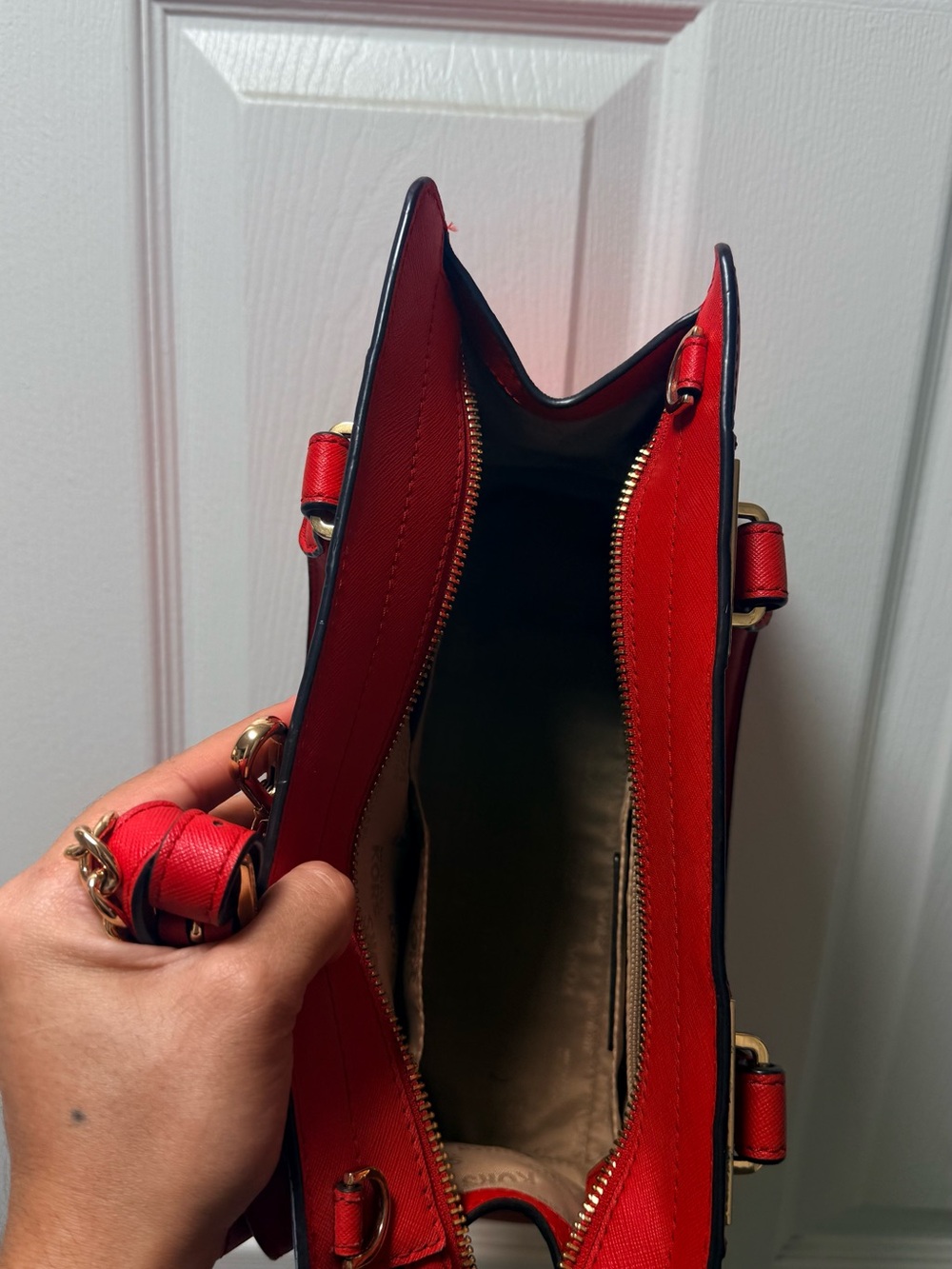 Michael Kors Red Structured Saffiano Satchel with Gold Hardware - Picture 4 of 4